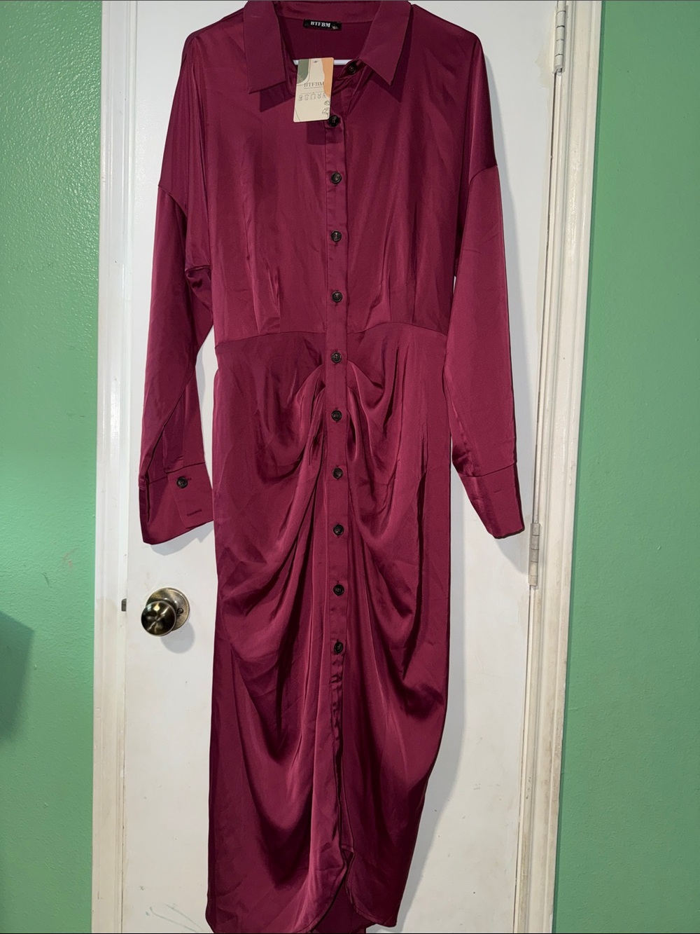 Button-Front Midi Shirt Dress in Deep Wine
